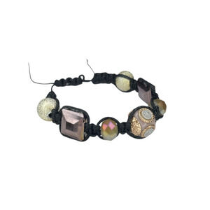 Black Shambhala-Style Bracelet Gold Tone Beads Macrame Knotted Beads Unisex